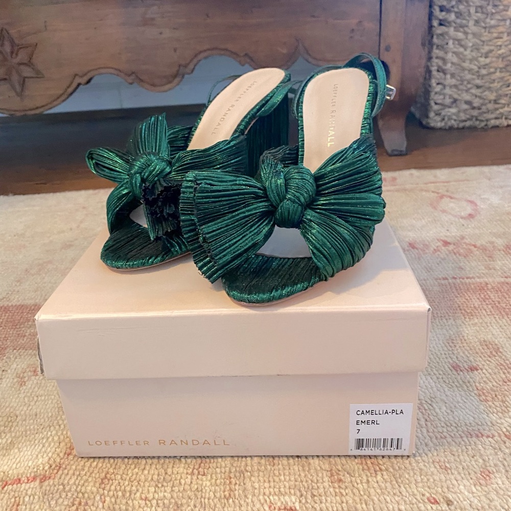 Emerald Green Loeffler Randall Camellia Bow High Heel Sandals - Sz. 7